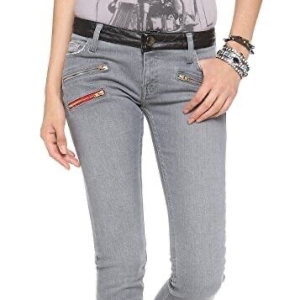 Etienne Marcel Grey Denim Low Rise Moto Skinny Jeans with Quilting Leather 25 0